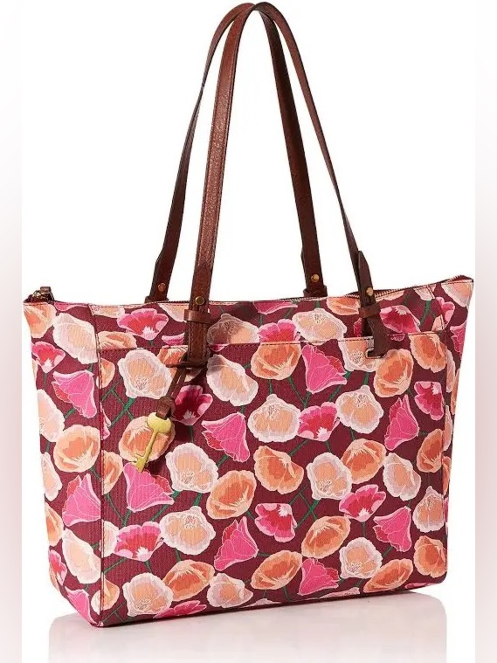 Fossil Pink Rachel Floral Print Tote with Brown Leather Straps, gold key
